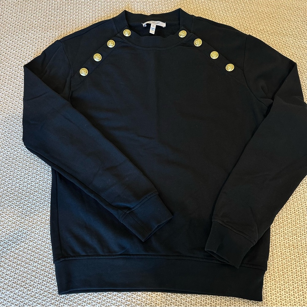 Derek Lam 10 Crosby Black Sweatshirt- 100% Cotton, Made in Peru, Gold Button Det